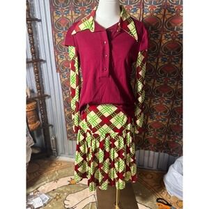 Domino Vintage 70s Dress Set Plaid Argyle Long Sleeve Mod Style P17 W14.5